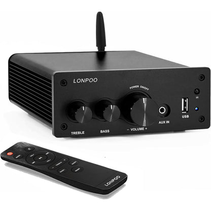 LONPOO Mini Bluetooth HiFi Amplifier 200 W with Remote Control, Optical, Coax, USB, AUX Input, 2 Channel Audio L/R Output for Speaker Cable (AMP-615)