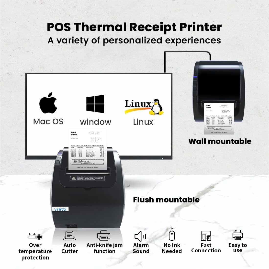 vretti Thermal Ticket Printer, Direct Thermal Printer with USB Serial LAN Port - Supermarket Kitchen POS Printer with ESC/POS Command Support