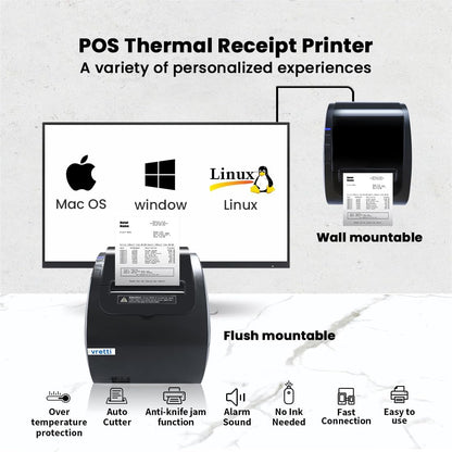 vretti Thermal Ticket Printer, Direct Thermal Printer with USB Serial LAN Port - Supermarket Kitchen POS Printer with ESC/POS Command Support