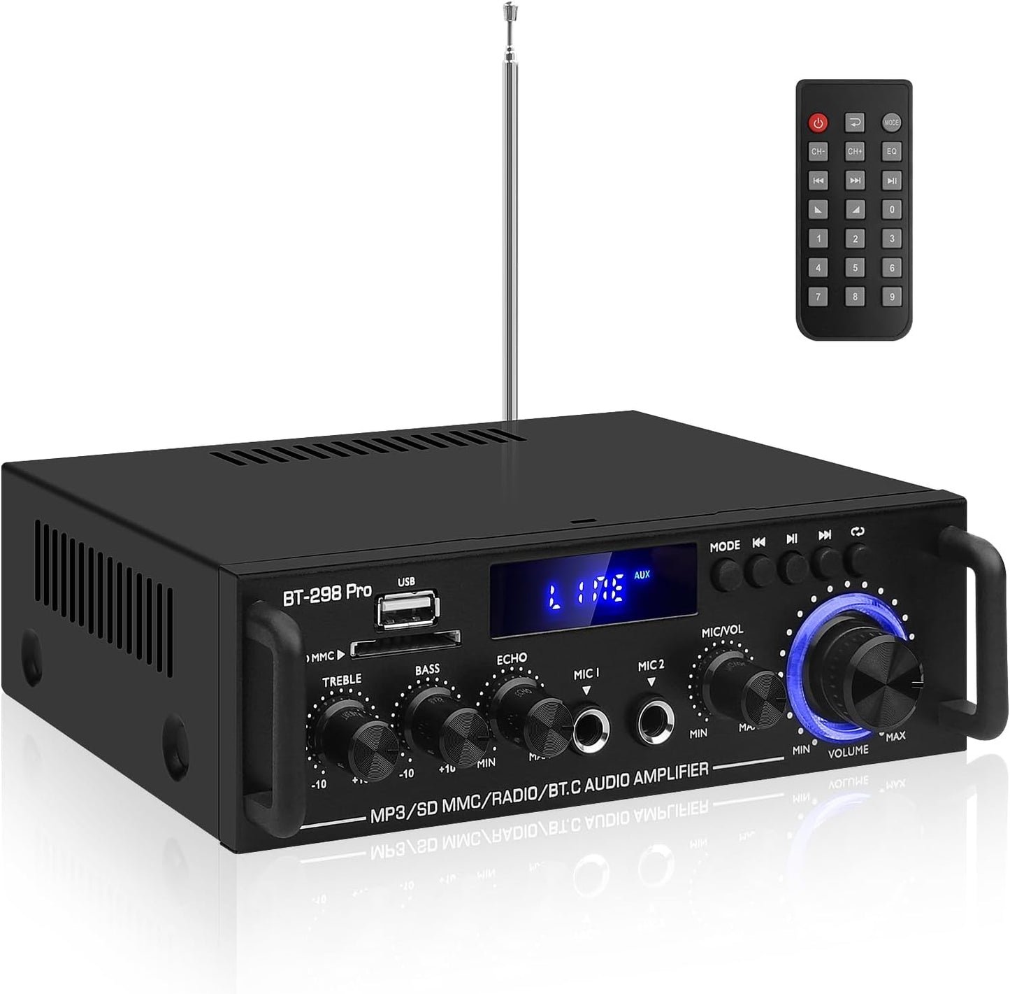 HiFi Stereo Audio Amplifier-BT-298Pro Bluetooth 5.0 Home Speakers Amplifier 50W X 2 Max. 600W Output Mini Digital Power Amplifier Receiver with Echo,MIC,USB, FM Radio