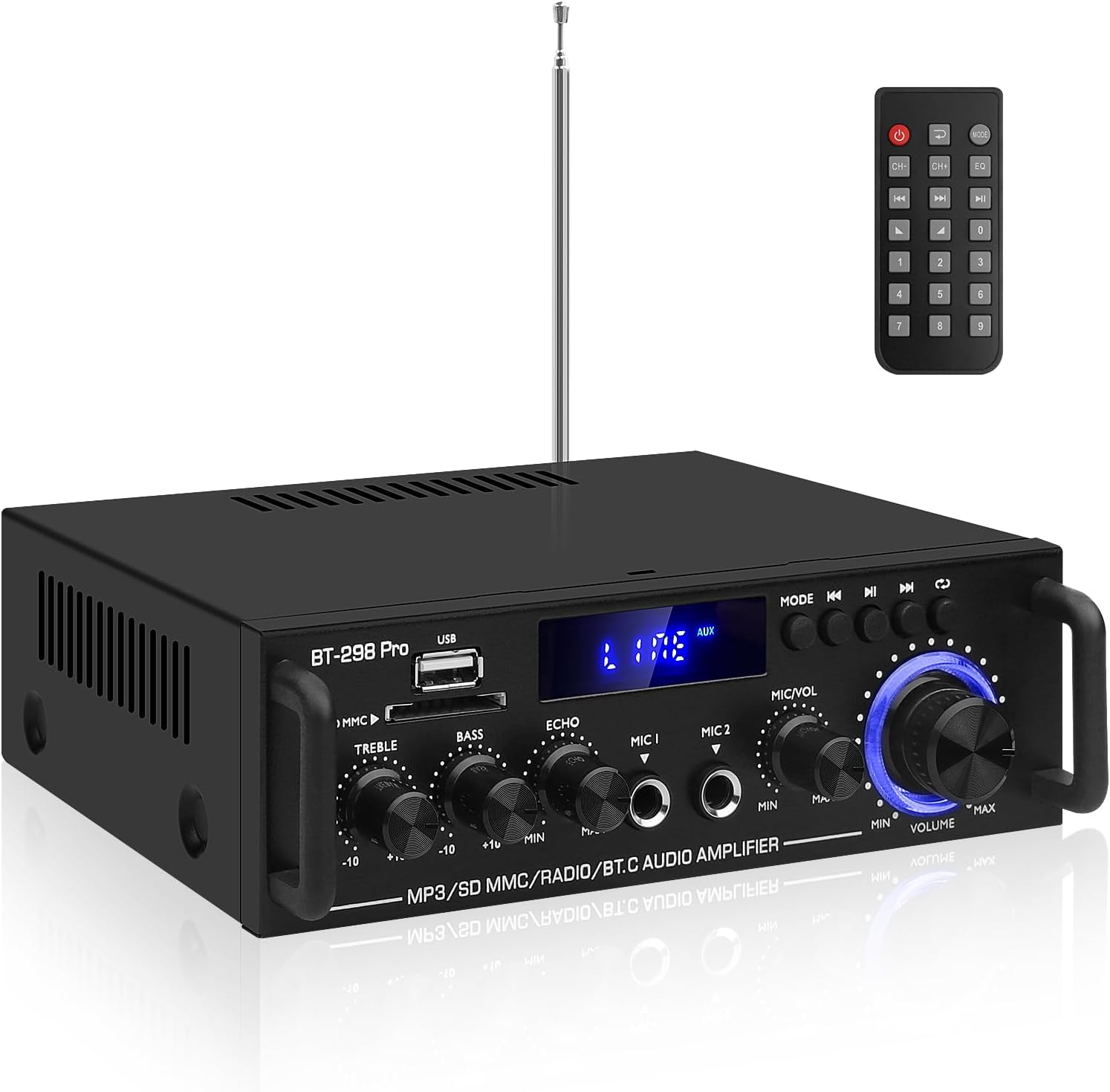HiFi Stereo Audio Amplifier-BT-298Pro Bluetooth 5.0 Home Speakers Amplifier 50W X 2 Max. 600W Output Mini Digital Power Amplifier Receiver with Echo,MIC,USB, FM Radio
