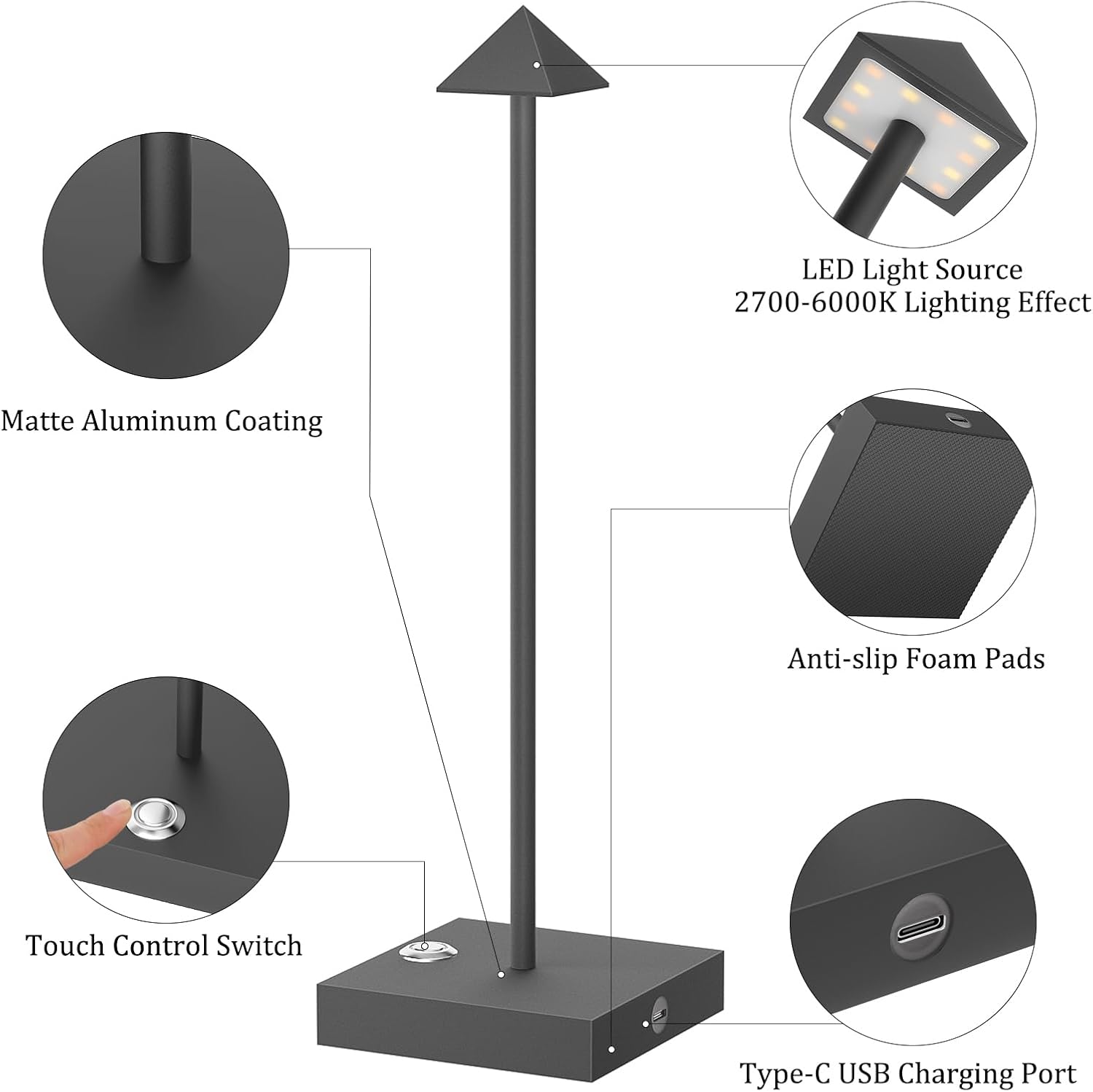 Aipsun 2 Stück LED Dimmbare Akku Tischlampe Kabellose Anthrazit, Wiederaufladbar Warme Lichtfarbe 2700K/4000K/6000K Tischleuchte mit USB-C, Aluminium, IP54 Wasserdichte
