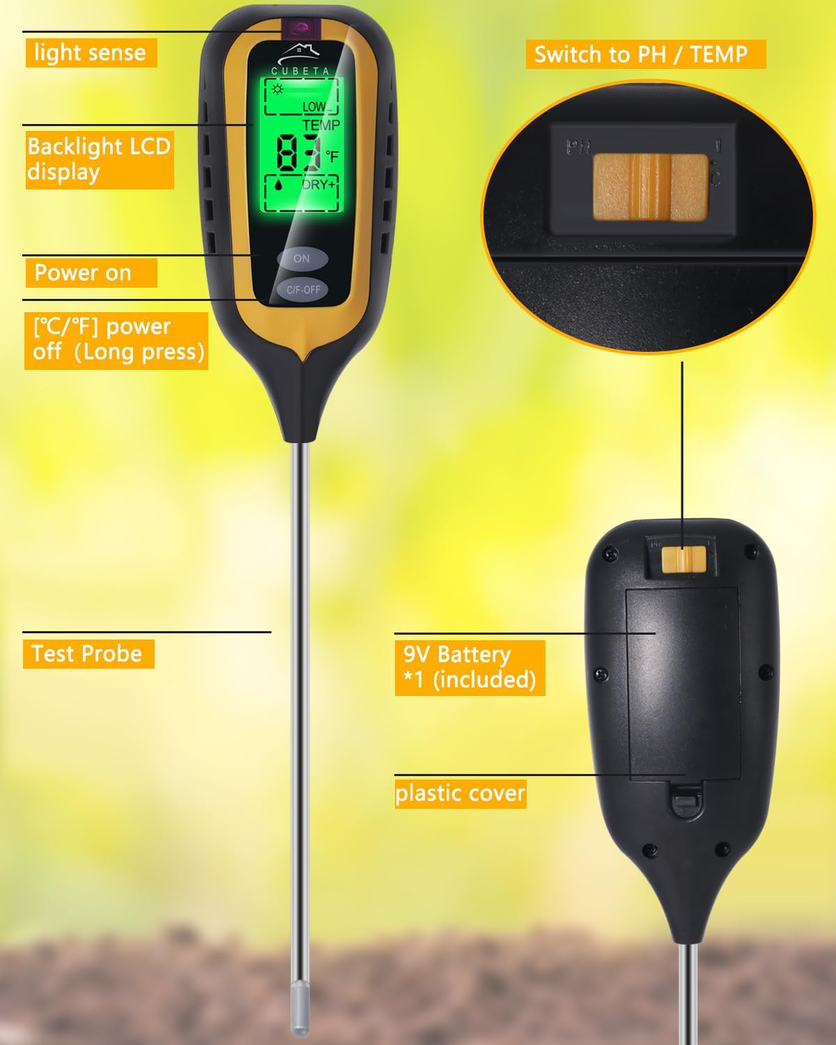 CUBETA Moisture Meter Plants Moisture Meter 4 in 1 Humidity/Temperature/pH/Light for Gardening, Lawn, Indoor Plants (Yellow)