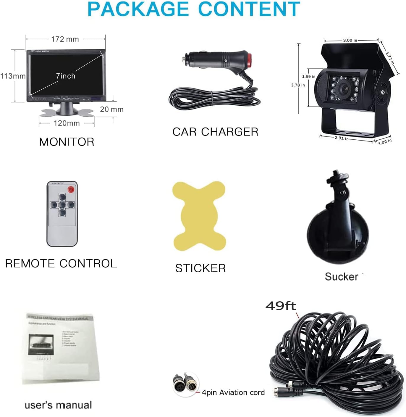 Retrocamera Camper Telecamera per Auto, Monitor LCD da 7" e Telecamera per Auto Kit, Impermeabile IP67 HD Visione Notturna con Linea di Ritardo di 15 m Sistema di Sensori di Parcheggio