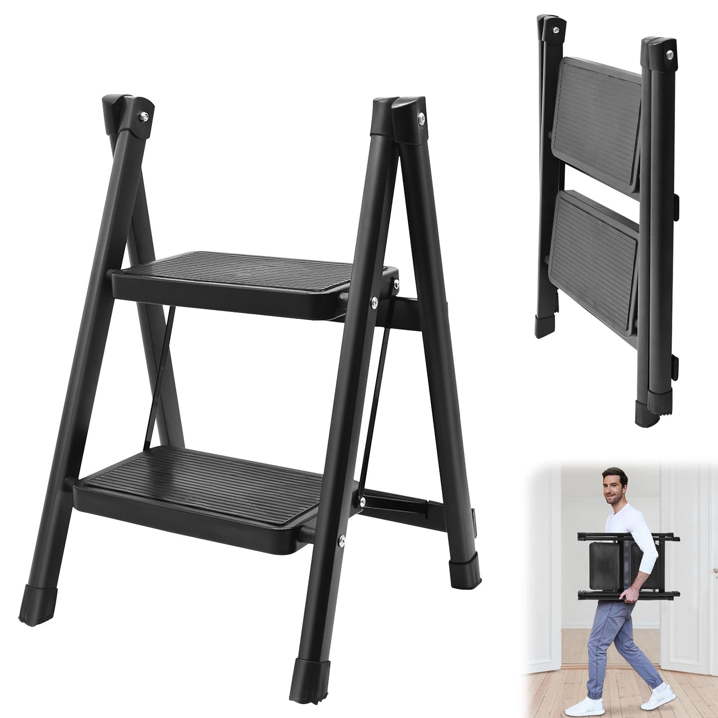 Scara pliabila 2 trepte JNUYISW, otel 150 kg, pedale antiderapante