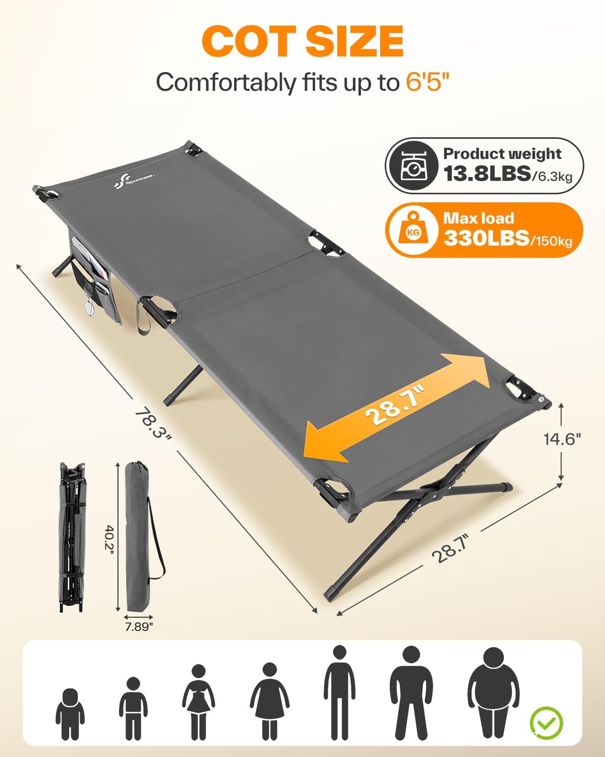 Pat pliabil de camping Sportneer cu saltea, 199 x 73 cm, gri