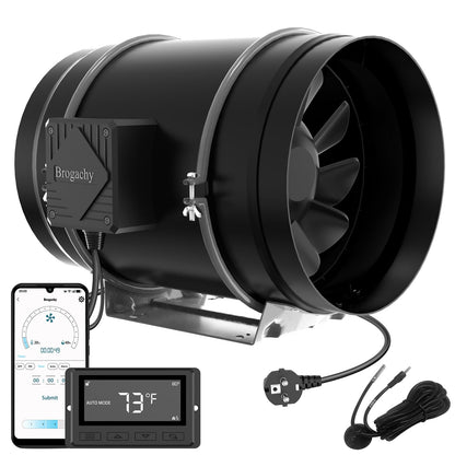 Brogachy 200mm intelligent Inline Duct Fan with Wifi App,Three-phase motor(UK plug) Quiet Exhaust Fan 1413 m³/h,8 Inch Inline Fan for Growth Tent, Hydroponics, Home Use, Ventilation and Exhaust Fan.