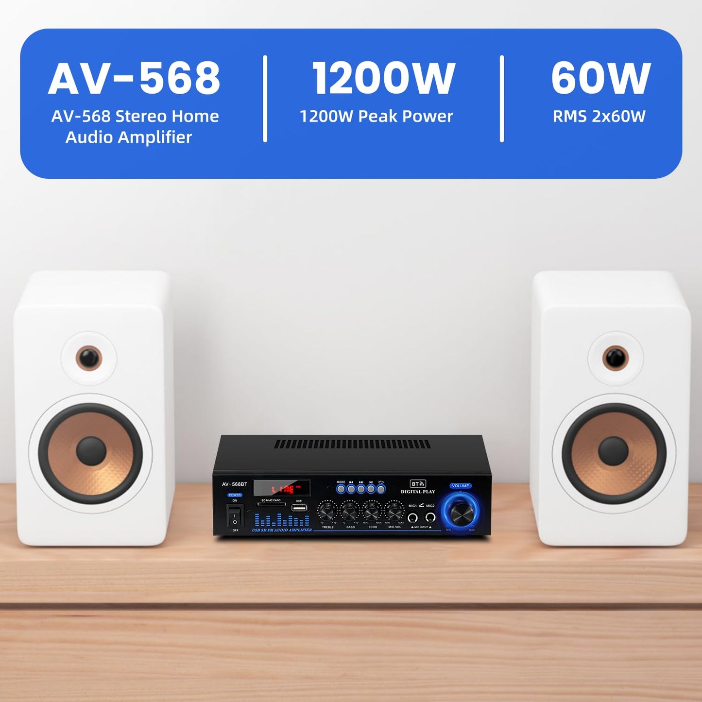 1000 W Mini Amplifier Hi-Fi Bluetooth 5.0 RMS 2 x 60 W Speaker 2 Channel Stereo Amplifier, Portable FM Radio, SD Card/USB Input/FM Radio, for Home Speakers or Your Car