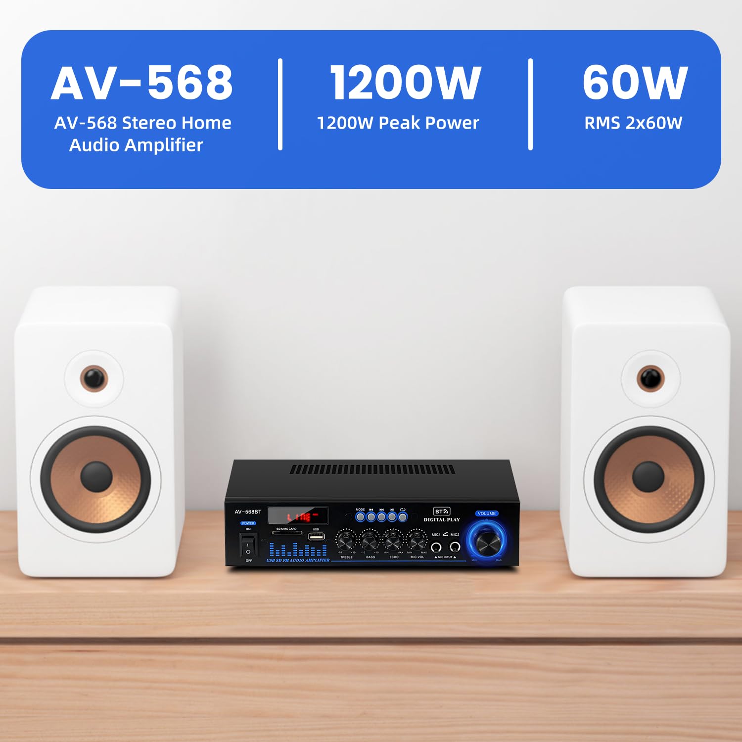 1000 W Mini Amplifier Hi-Fi Bluetooth 5.0 RMS 2 x 60 W Speaker 2 Channel Stereo Amplifier, Portable FM Radio, SD Card/USB Input/FM Radio, for Home Speakers or Your Car