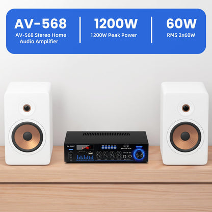 1000 W Mini Amplifier Hi-Fi Bluetooth 5.0 RMS 2 x 60 W Speaker 2 Channel Stereo Amplifier, Portable FM Radio, SD Card/USB Input/FM Radio, for Home Speakers or Your Car