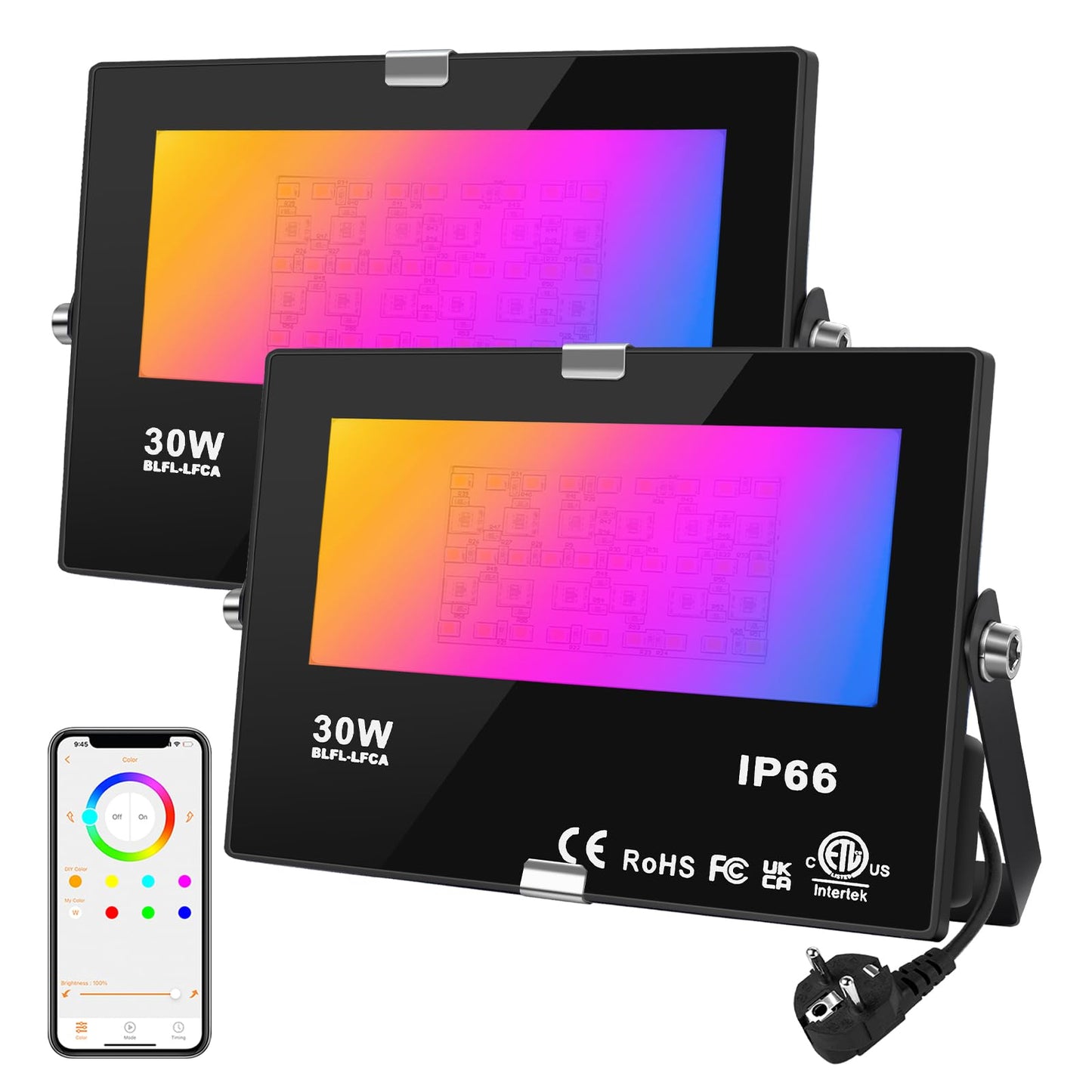 DUSKTEC LED RGB Floodlight Outdoor 80W,Colour Changing Smart Flood Lights with Plug IP66 Waterproof, Plug-in Outdoor Garden Lighting Mains Powered 800W Equivalent with APP Controlled,2 Pack