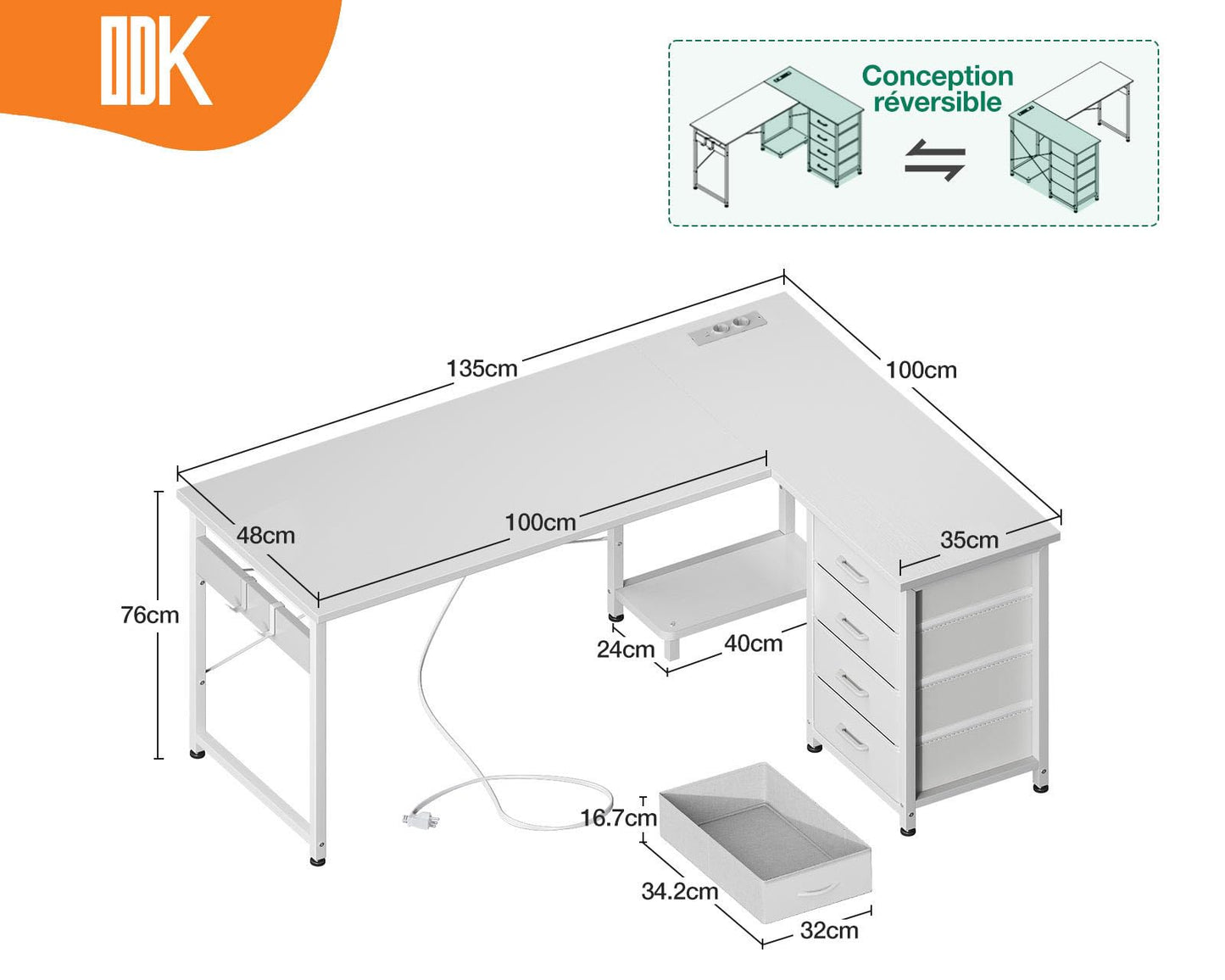 Birou ODK Corner Desk 135x100 cm cu 4 sertare si prize USB