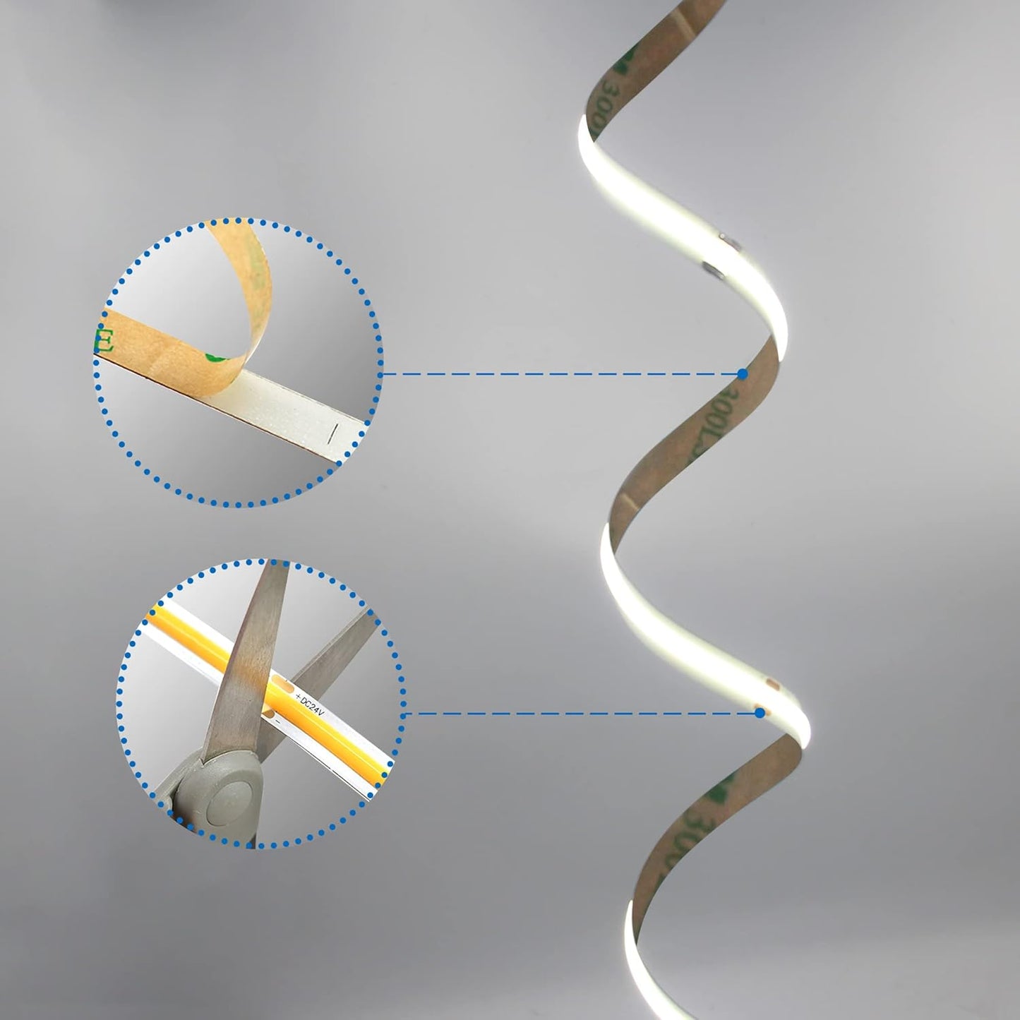 TTWAY COB LED Streifen Kaltweiß 6000K, 5M Dimmbares Flexibles 24V COB LED Streifen Licht set, 480 LEDs/M, GS Netzteil, mit RF Fernbedienung, CRI90+ helles Unterbaulicht für Fernseher, DIY Dekoration