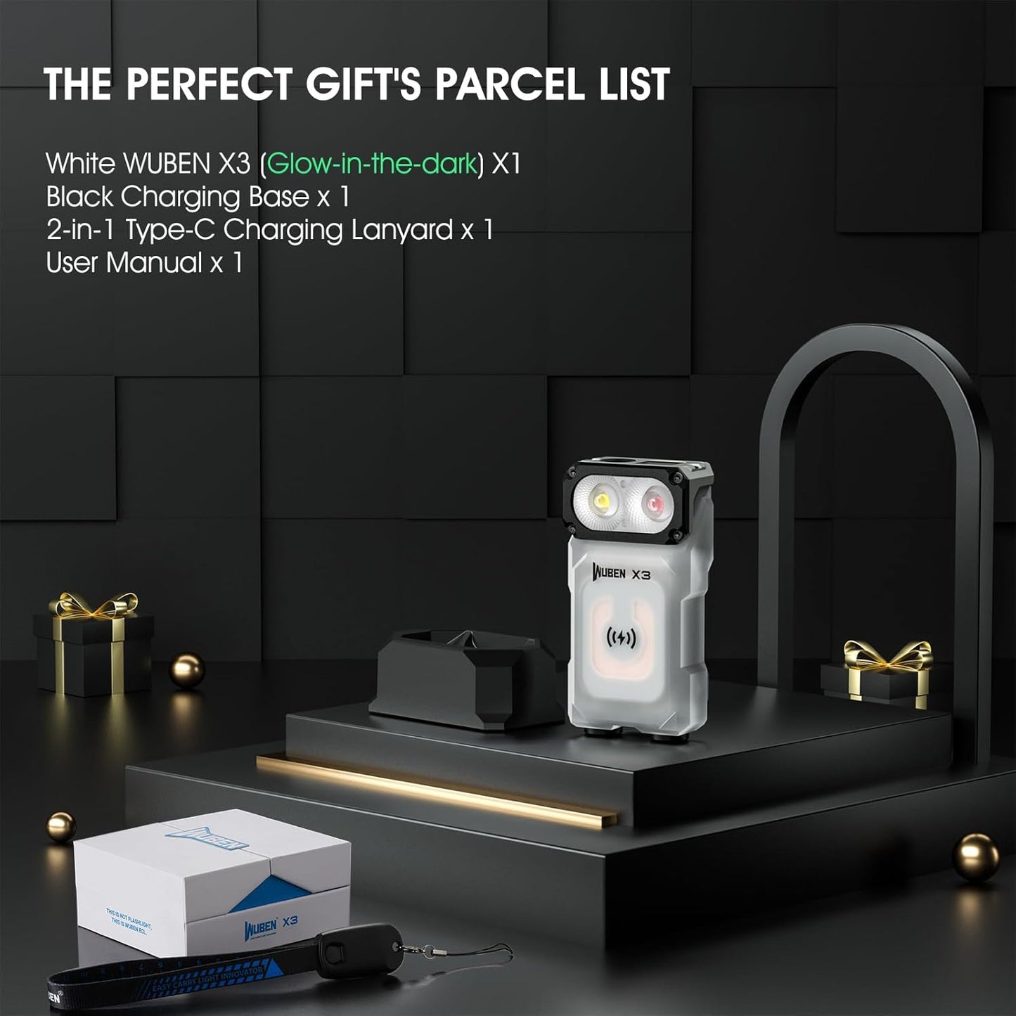 WUBEN X3 Mini Rechargeable Flashlight with Charging Base 180 Degree EDC Keychain Flashlight Twist Ip65 Waterproof Magnet Pocket Flashlights 10 Mode Type-C Lanyard for Camping, Outdoor,Inspection, Gift