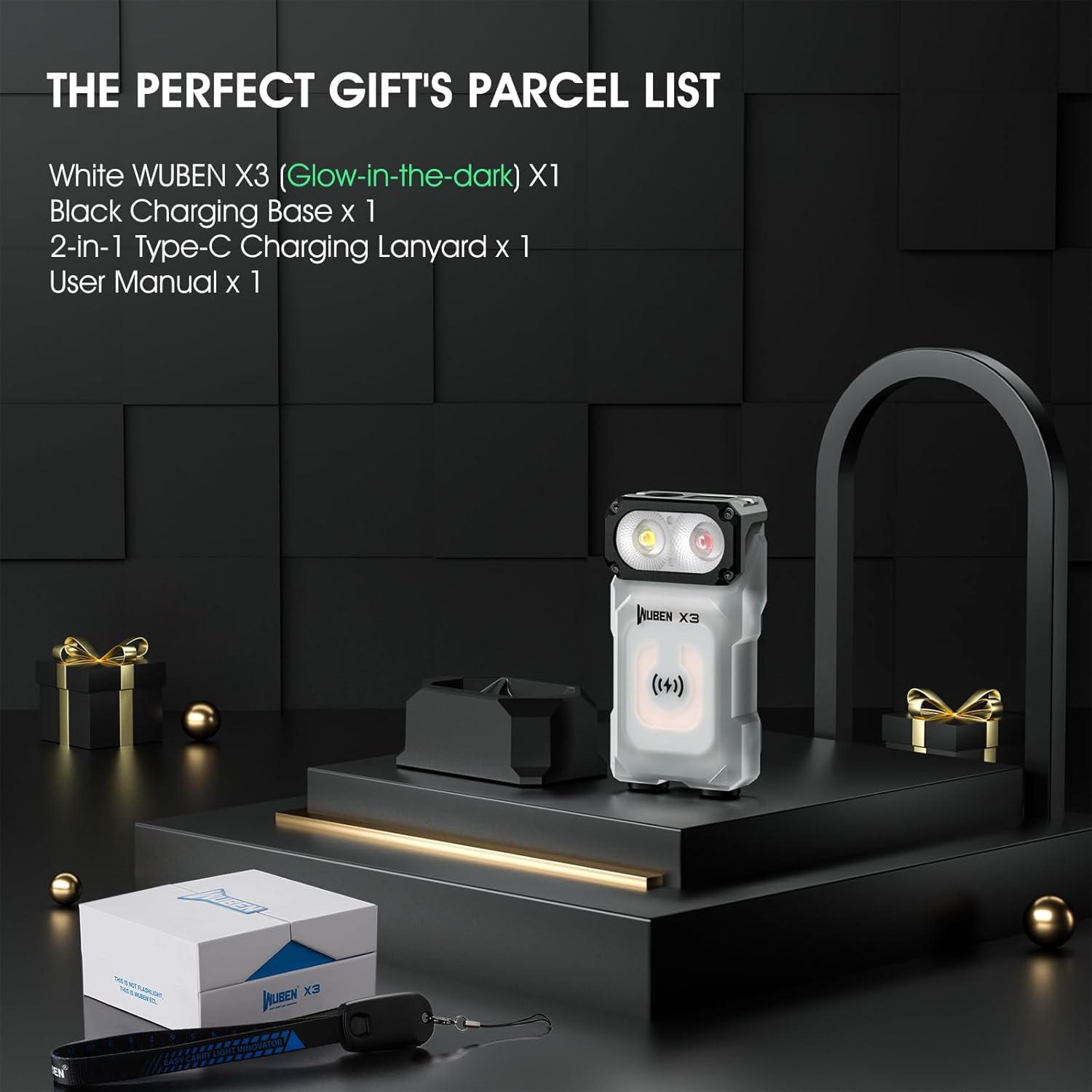 WUBEN X3 Mini Rechargeable Flashlight with Charging Base 180 Degree EDC Keychain Flashlight Twist Ip65 Waterproof Magnet Pocket Flashlights 10 Mode Type-C Lanyard for Camping, Outdoor,Inspection, Gift