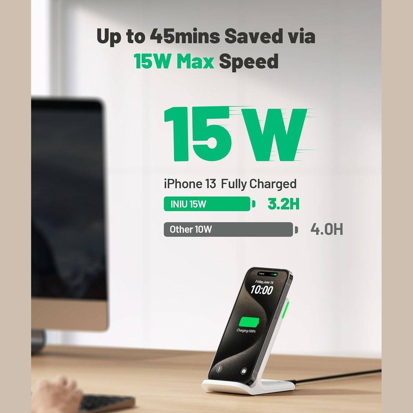 INIU Wireless Charger, [White, 15W] Fast Wireless Charging Stand Qi Certified for iPhone 16 15 14 13 12 11 Pro Max Samsung S23 S22 Google Pixel etc