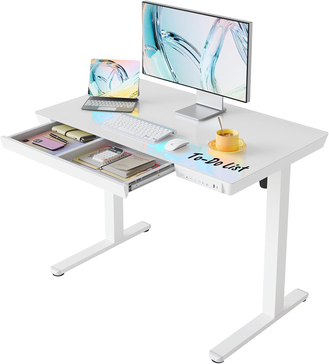Birou HUANUO 100 x 60 cm din sticla reglabil pe inaltime USB