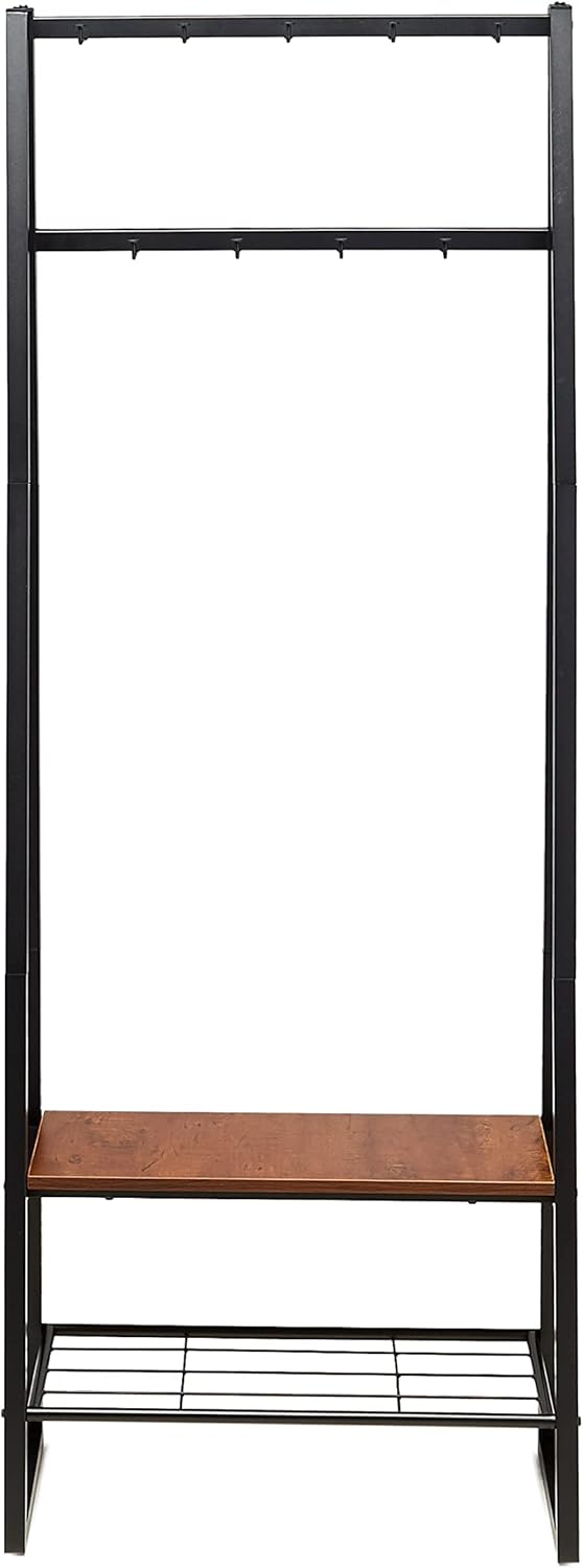 Cuier Amazon Basics cu 9 carlige, banca pentru pantofi si 2 niveluri de depozitare, negru, 65 x 33 x 170,1 cm