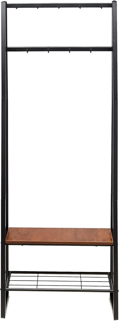 Cuier Amazon Basics cu 9 carlige, banca pentru pantofi si 2 niveluri de depozitare, negru, 65 x 33 x 170,1 cm