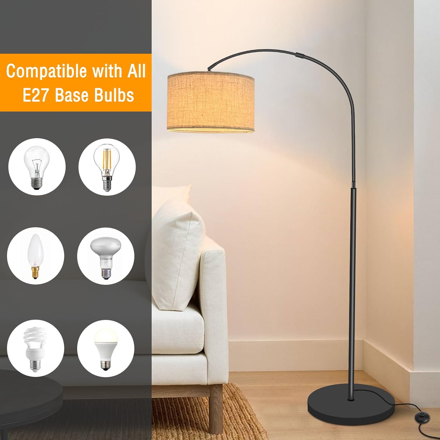Fortand Arc Lamp Living Room Floor Lamp, LED Floor Lamp with 3 Colour Temperatures 12 W E27 Arch Light Modern Floor Lamp Reading Lamp with Linen Lampshade & Foot Switch Retro for Bedroom
