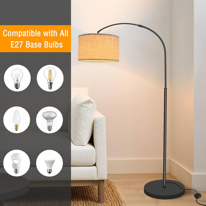 Fortand Arc Lamp Living Room Floor Lamp, LED Floor Lamp with 3 Colour Temperatures 12 W E27 Arch Light Modern Floor Lamp Reading Lamp with Linen Lampshade & Foot Switch Retro for Bedroom