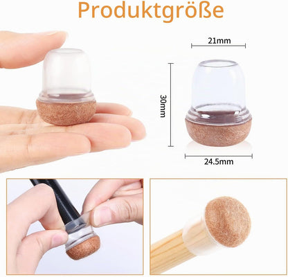 Capace protectoare RCHYFEED pentru picioare de scaun, silicon transparent maro cu fetru, marimea Small, 15-19 mm, set 24 bucati