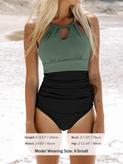 Costum de baie dama CUPSHE cu guler inalt, decupaje decorative si volane, marimea S, negru/verde
