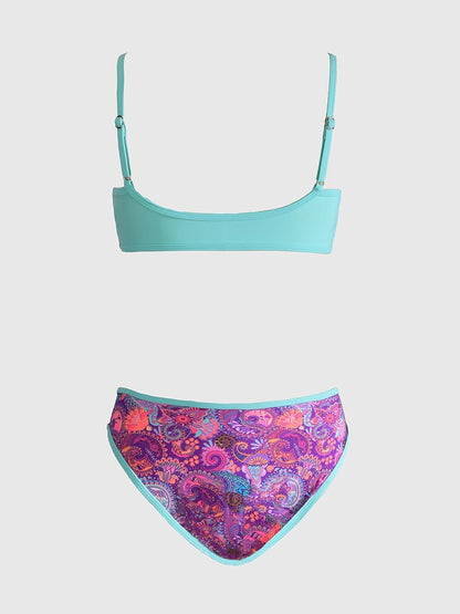 Costum de baie din doua piese CUPSHE cu decolteu in V, talie joasa si imprimeu paisley, marimea XL, Aqua