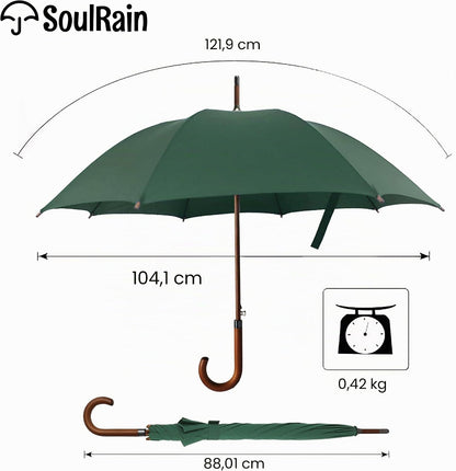 Umbrela clasica automata SoulRain cu maner J din lemn, transparenta, rezistenta la vant, 121,9 cm, verde inchis