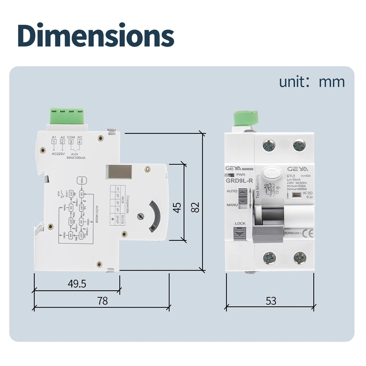 GEYA Auto Reclosing Device Circuit Breaker 6KA ELCB Self-Reclosing RCCB Recloser RCD AC Type (Auto Recloser AC220V+RCCB 2P-25A-30mA)