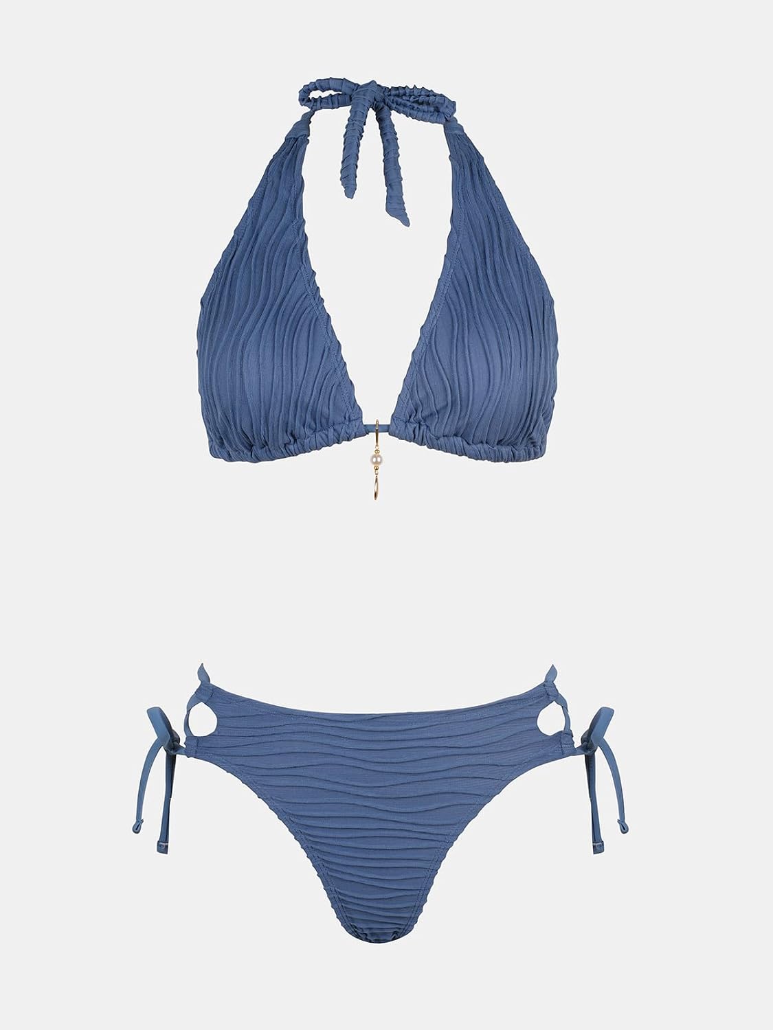 Costum de baie bikini CUPSHE cu halterneck, decolteu in V si siret, marimea XL, albastru otel