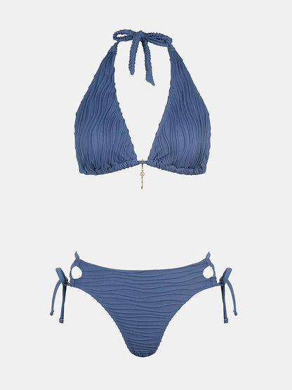 Costum de baie bikini CUPSHE cu halterneck, decolteu in V si siret, marimea XL, albastru otel
