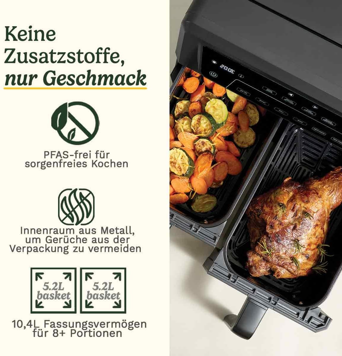 Friteuza cu aer cald cu 2 camere XXL, 10,4 L (5,2 L + 5,2 L), fara PFAS, neagra cu fereastra de vizualizare