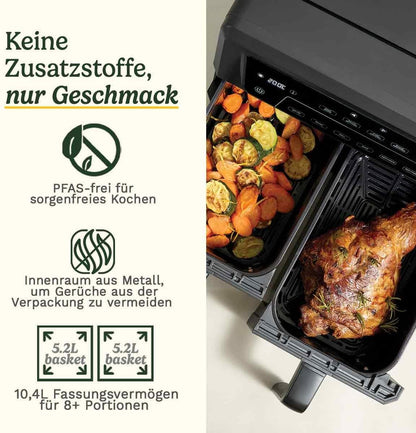 Friteuza cu aer cald cu 2 camere XXL, 10,4 L (5,2 L + 5,2 L), fara PFAS, neagra cu fereastra de vizualizare