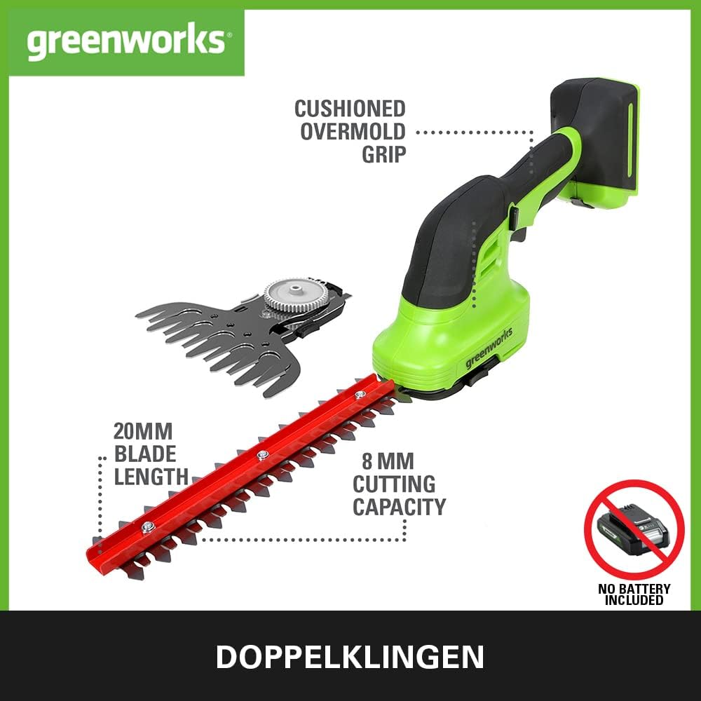Foarfeca pentru arbusti si iarba Greenworks G24SHT 2 in 1, lame gard viu 20 cm si iarba 15 cm, fara baterie si incarcator 24 V