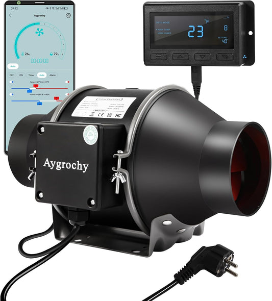 Aygrochy 150 mm wifi APP inline fan with Temperature and Humidity controller, Extractor Fan for Booster, Growth Tents, Ventilation and exhaust fan.