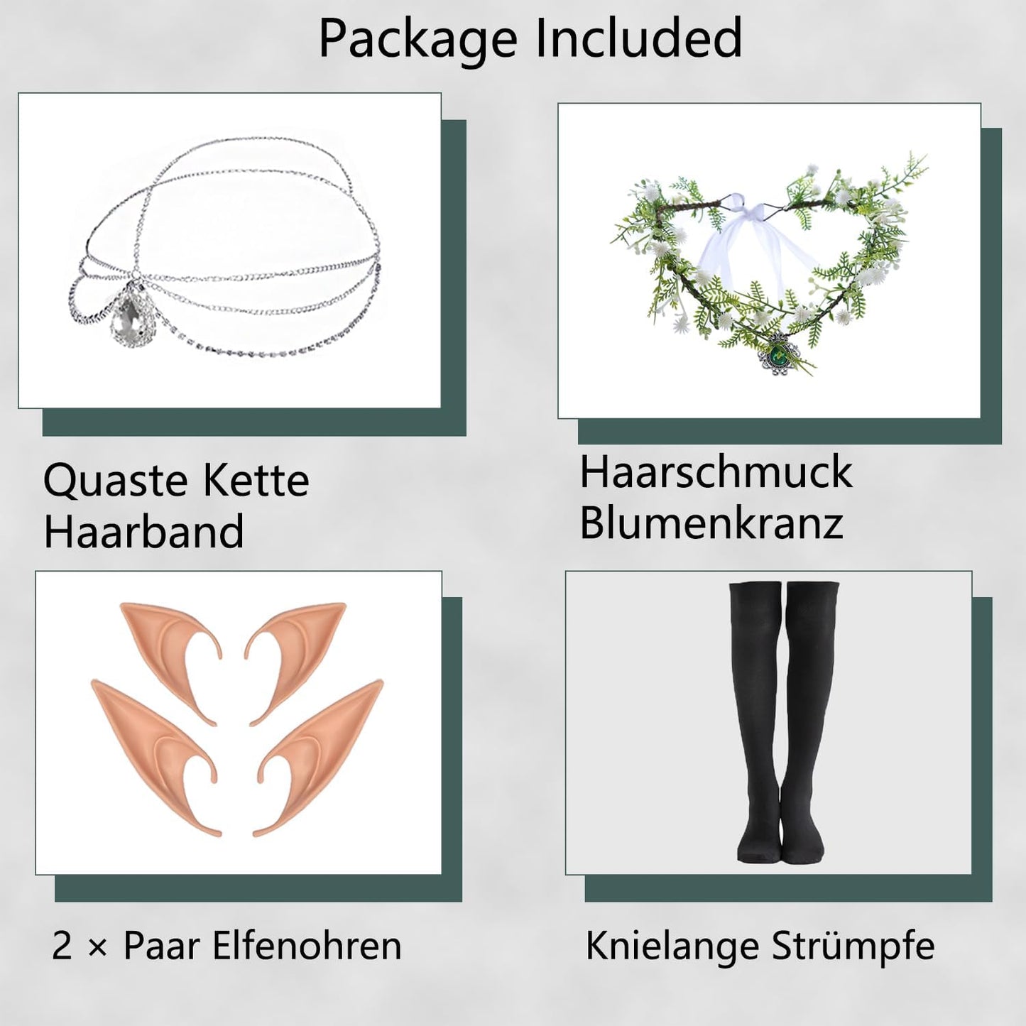 FOVER Medieval Gothic Clothing Women's Traditional Irish Dress Renaissance Green Dresses Carnival Halloween Costume Pirate Cosplay Outfit with Head Chain Flower Wreath Elf Ears Overknee Socks