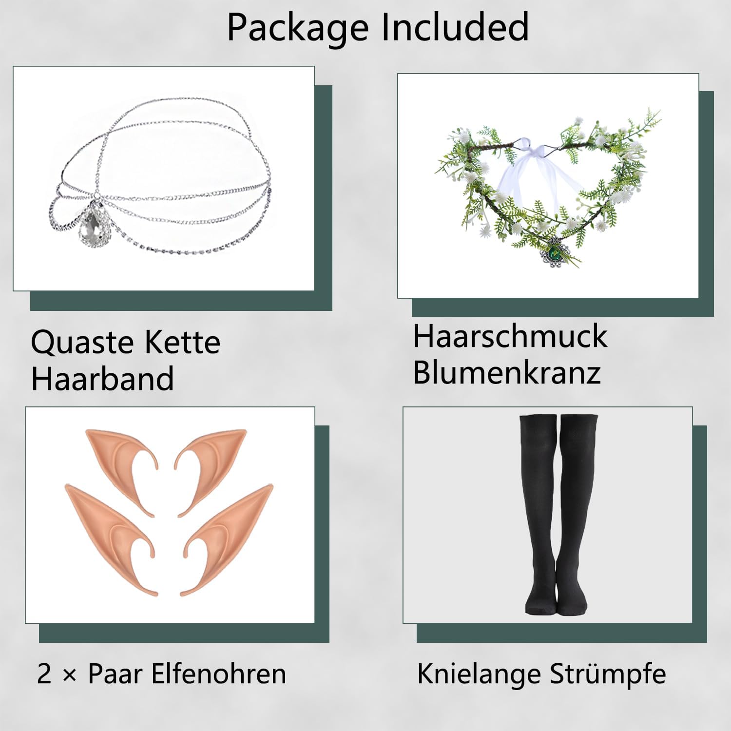 FOVER Medieval Gothic Clothing Women's Traditional Irish Dress Renaissance Green Dresses Carnival Halloween Costume Pirate Cosplay Outfit with Head Chain Flower Wreath Elf Ears Overknee Socks