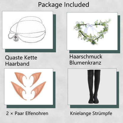 FOVER Medieval Gothic Clothing Women's Traditional Irish Dress Renaissance Green Dresses Carnival Halloween Costume Pirate Cosplay Outfit with Head Chain Flower Wreath Elf Ears Overknee Socks