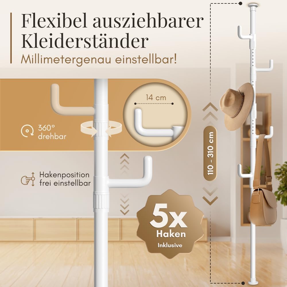 Cuier telescopic LOBUX cu 5 carlige, alb, 110-310 cm, marimea Kleiderstander