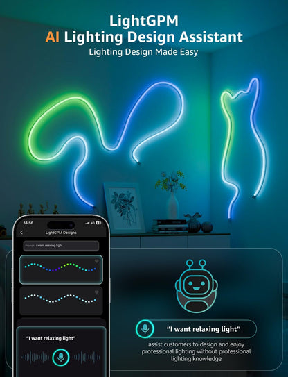 Lepro N1 AI Smart Rainbow Neon Light Strip 10M, 96 LEDs/M, Works with Alexa and Google Home, Music Sync, AI Lighting Design Assistant, IP65 LED Rope Light, MagicColor LED Lights, App & Voice Control