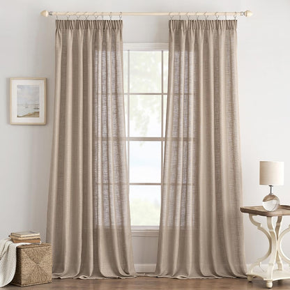 EMEMA Curtains, Linen Curtain with Ruffle Tape, Voile Curtain, Linen Look, Modern Semi-Transparent for Living Room, Decorative Curtain, Kitchen Curtains, Tab-Top Curtain, Bedroom, Brown, 140 x 215 cm