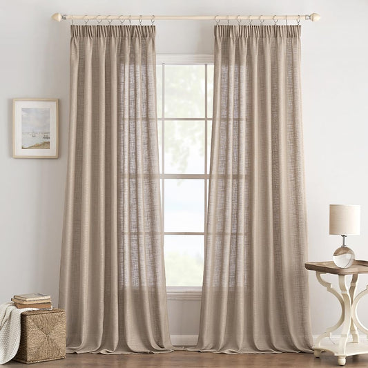 EMEMA Curtains, Linen Curtain with Ruffle Tape, Voile Curtain, Linen Look, Modern Semi-Transparent for Living Room, Decorative Curtain, Kitchen Curtains, Tab-Top Curtain, Bedroom, Brown, 140 x 215 cm