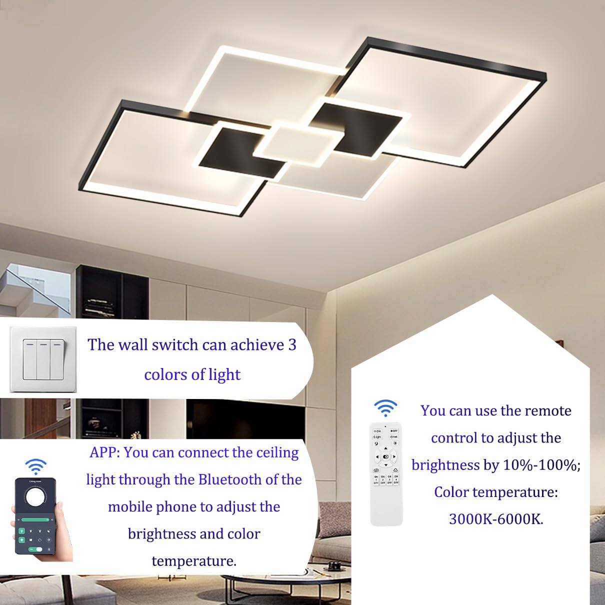 Lampa tavan LED Dimmable White + Black 68W 6800 lm telecomanda