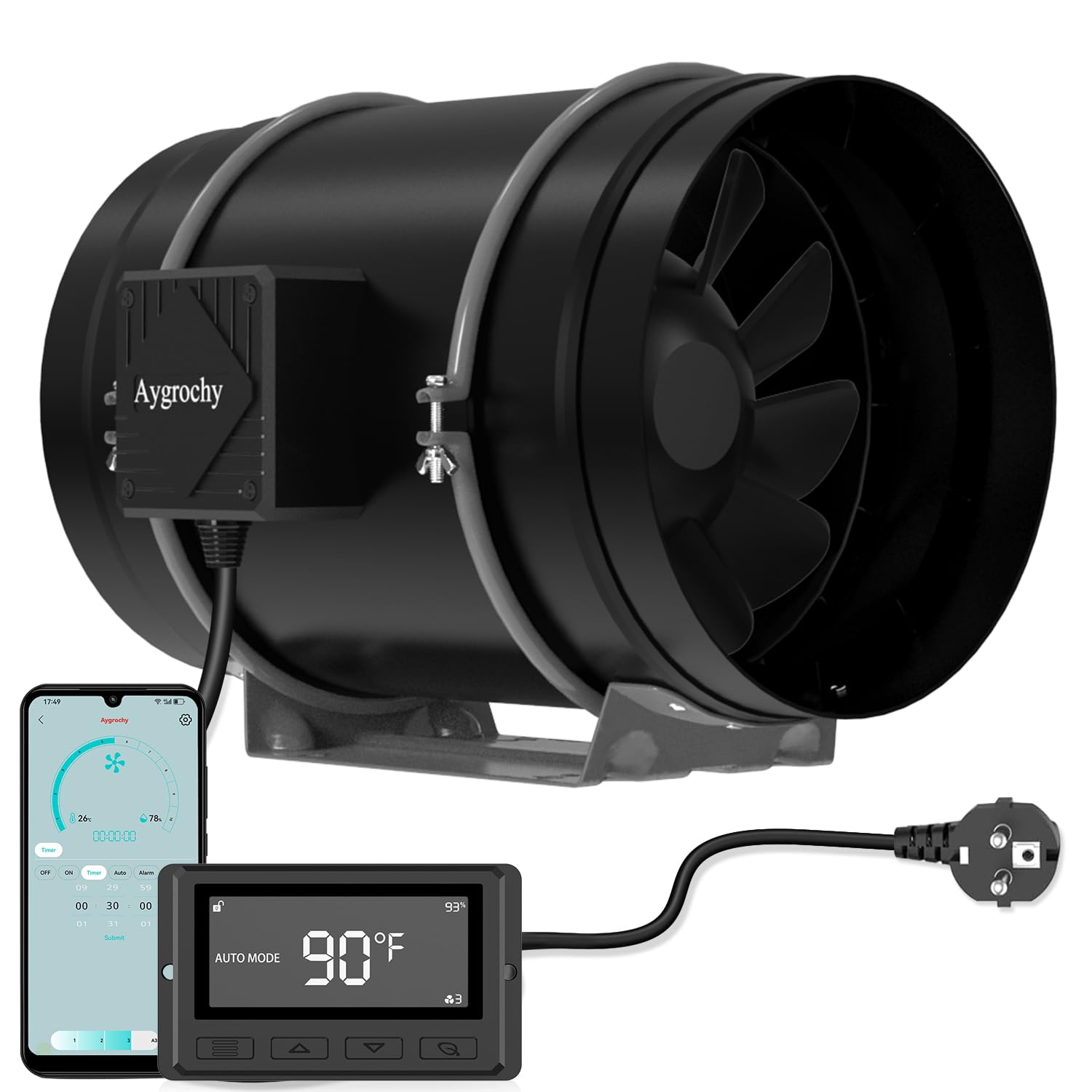 Aygrochy 100 mm Intelligent Duct Fan with Temperature and Humidity Control, Extractor Fan for Boosters, Grow Tents, Ventilation and Tente de Culture Hydroponique