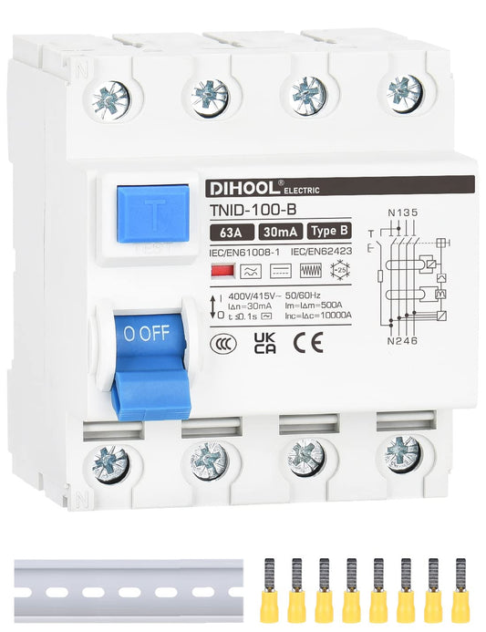 DIHOOL RCD type B fi afbryder reststrøm enhed FI-kontakt DIN hat skinne 4-polet 63 A 30mA