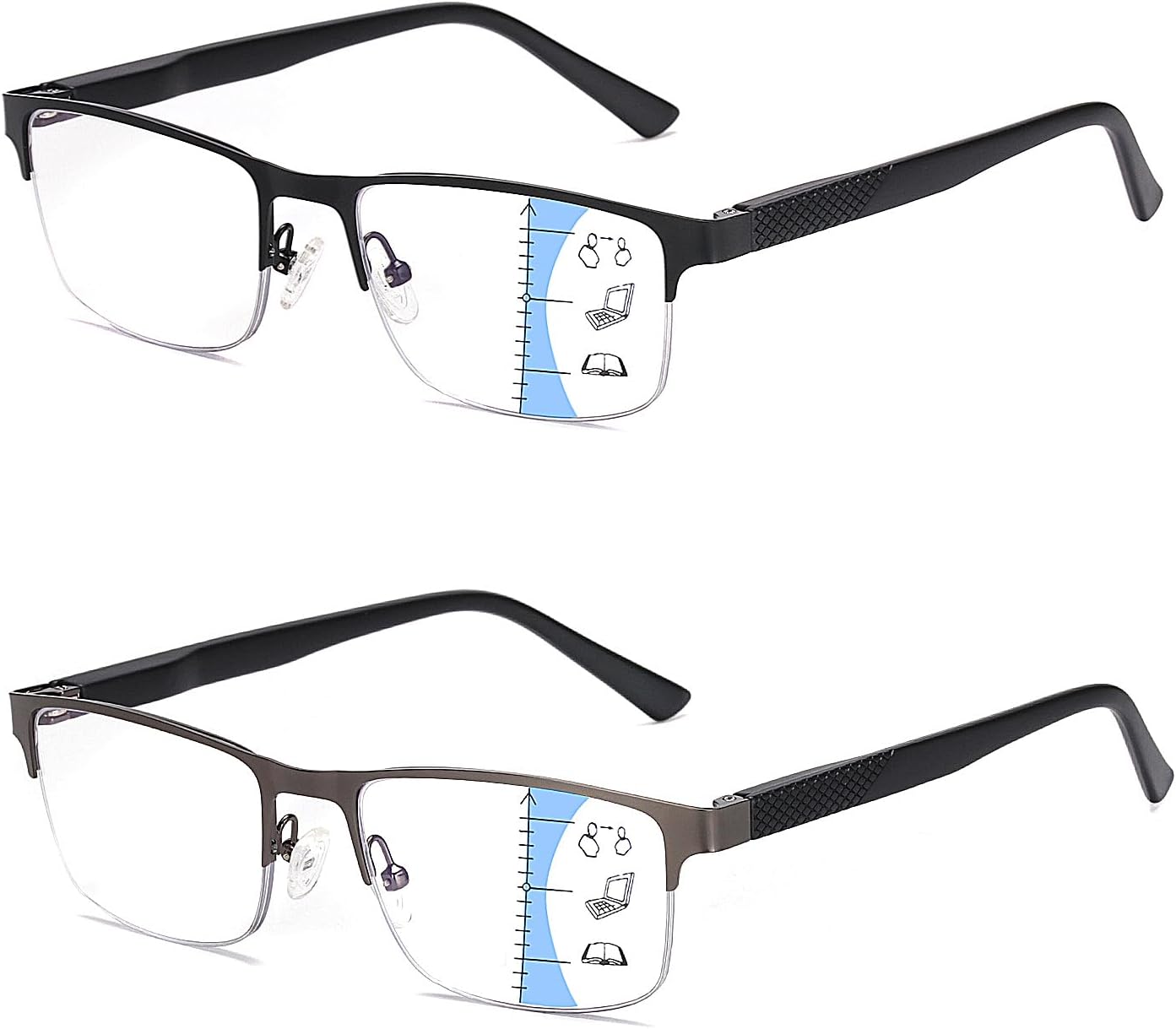 Missfive 2 Pack Mens Quality Progressive Multifocus Reading Glasses Blue Light Blocking, Man Spring Hinge No-Line Multifocal Readers Half Frame Metal Eyeglasses (Workspace For Near Range, 2.5x)