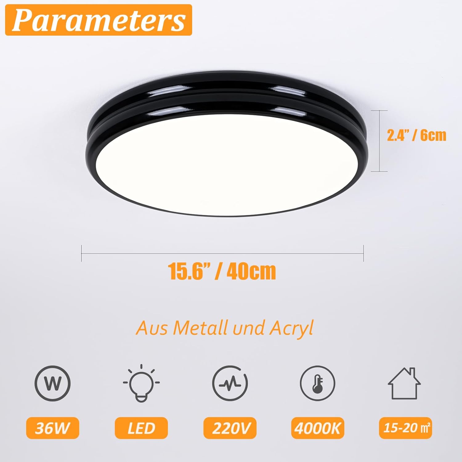 Modern Black LED Ceiling Light, 40cm Round, 36W, 4000K for Kitchen, Bedroom, Living Room, Hall, Bathroom
