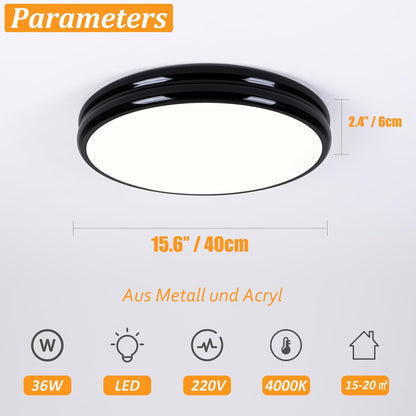 Modern Black LED Ceiling Light, 40cm Round, 36W, 4000K for Kitchen, Bedroom, Living Room, Hall, Bathroom