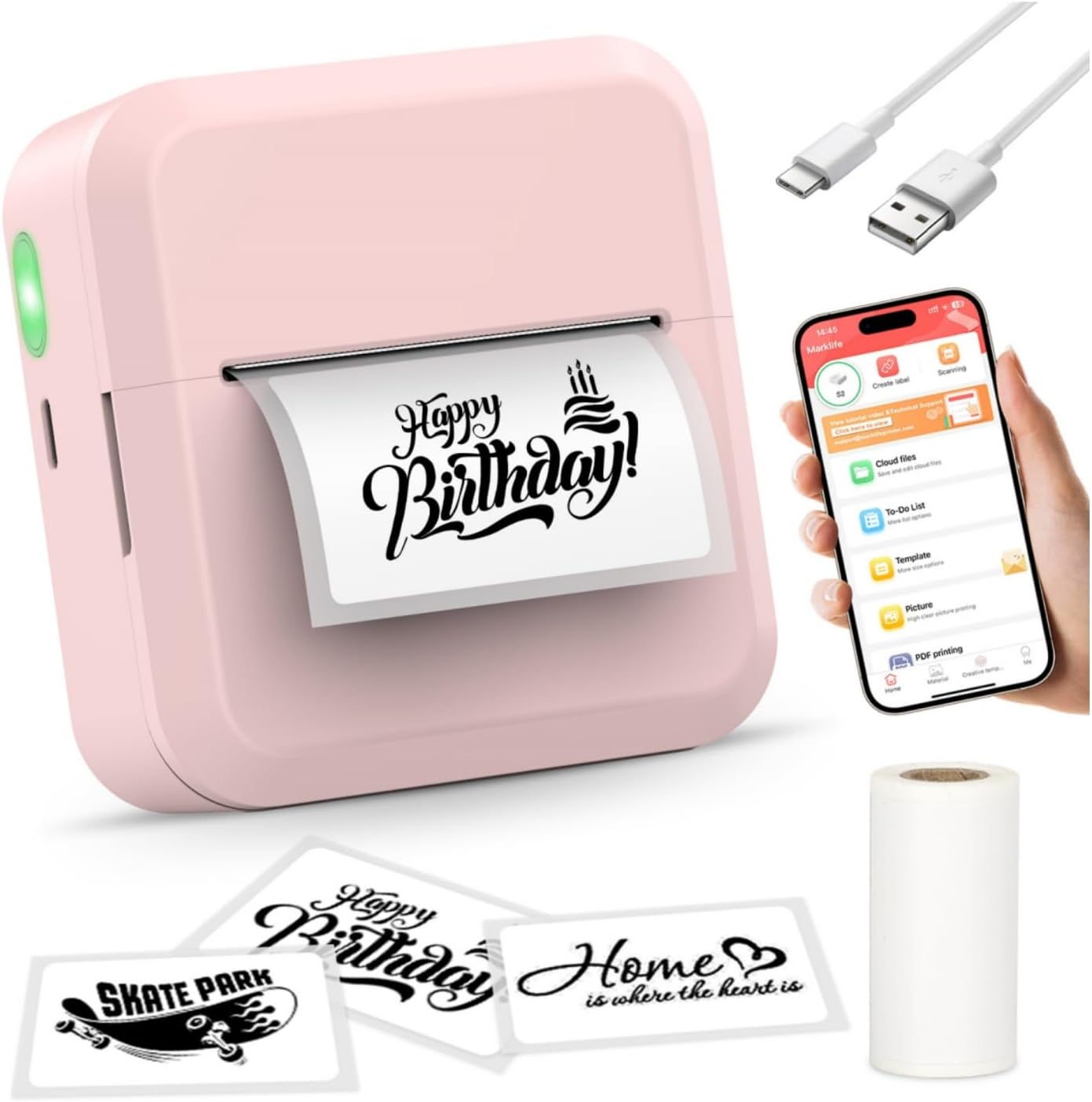 HuiJuKeJi Label Maker Machine with 50 * 30mm Tape, S2 Portable Bluetooth Mini Label Printer Maker with Personalize Templates Inkless Thermal Sticker Printer for Home Office Business (Pink)